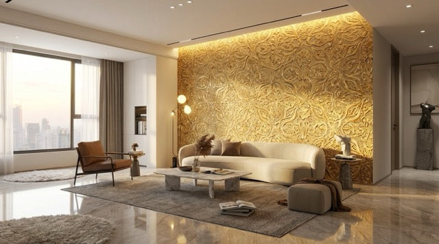 Luxury living room with luminous gold textured feature wall