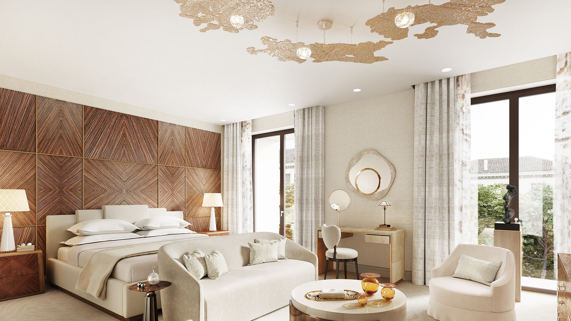 Modern bedroom with pale patterned wallpaper and layered textures